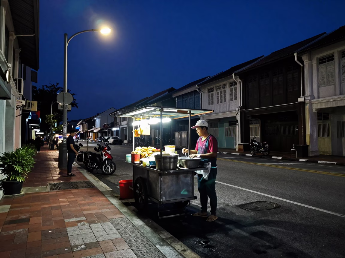 The Predawn Darkness Light on Snacks in George Town in in George Town, Malaysia