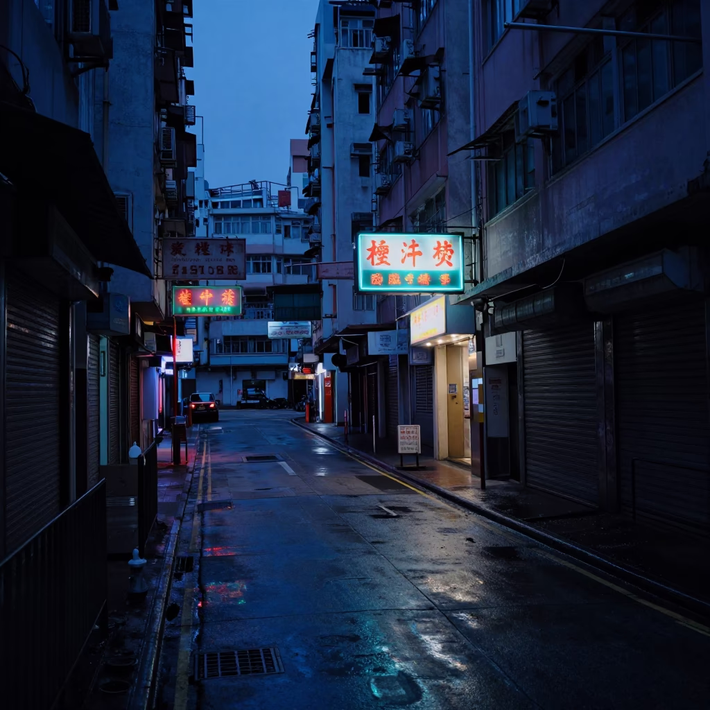 The Predawn Darkness Light on Street Corner in Hong Kong in in Hong Kong, Hong Kong