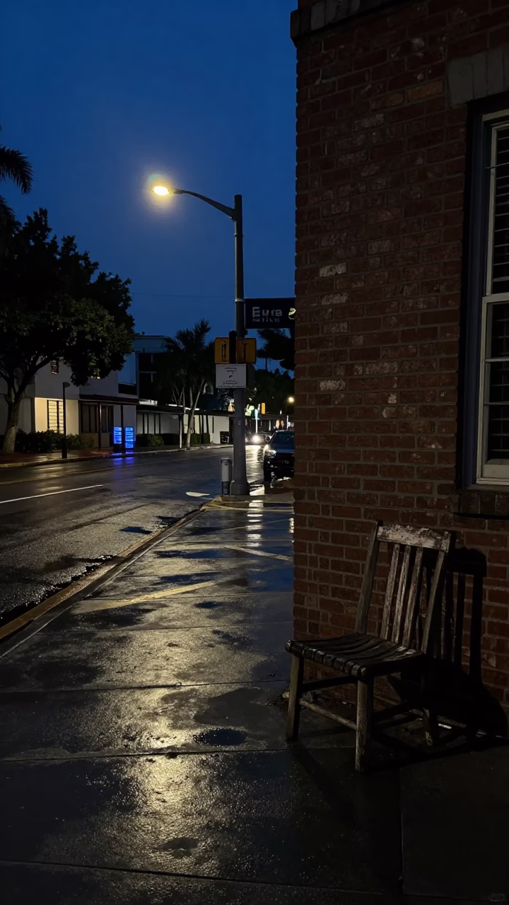 The Predawn Darkness Light on Street Corner in Miami in in Miami, Florida, United States