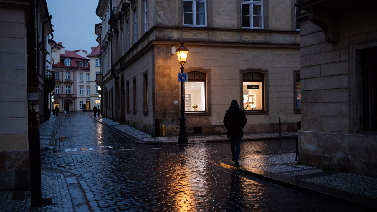 The Predawn Darkness Light on Street Corner in Prague in in Prague, Czech Republic