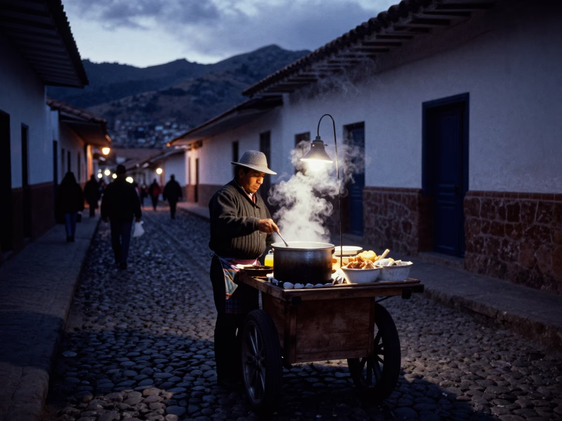The Predawn Darkness Light on Street Market in Cusco in in Cusco, Peru