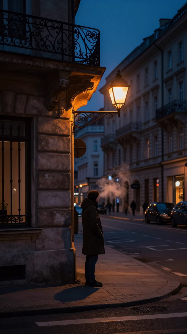 The Predawn Darkness Light on Street Scene in Budapest in in Budapest, Hungary