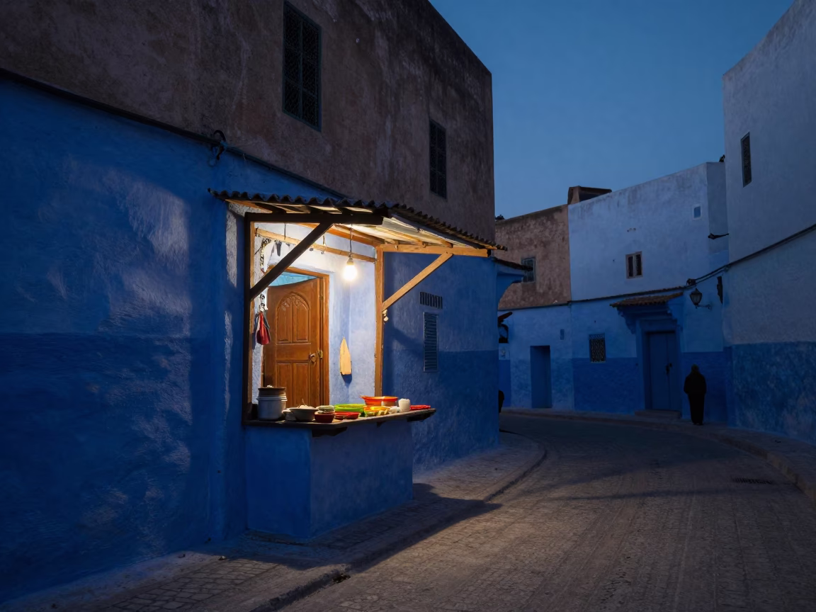 The Predawn Darkness Light on Street Scene in Essaouira in in Essaouira, Morocco