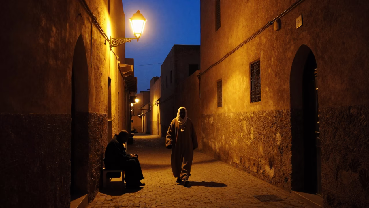 The Predawn Darkness Light on Street Scene in Fez in in Fez, Morocco