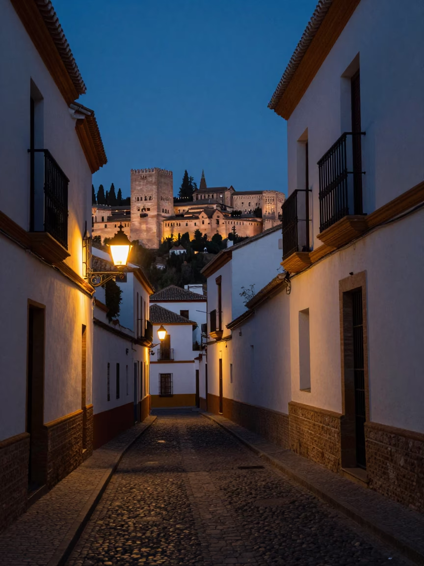 The Predawn Darkness Light on Street Scene in Granada in in Granada, Spain