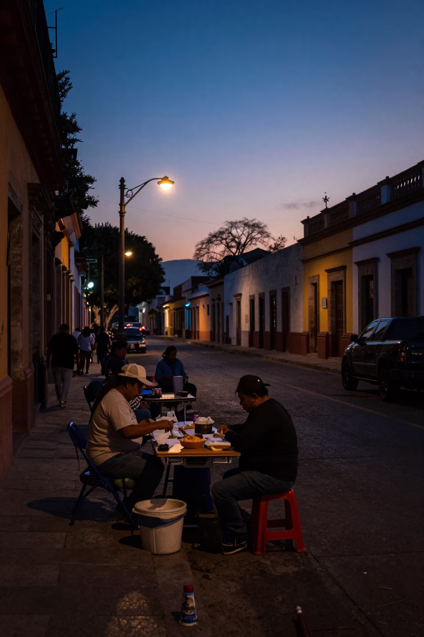 The Predawn Darkness Light on Street Scene in Merida in in Merida, Mexico
