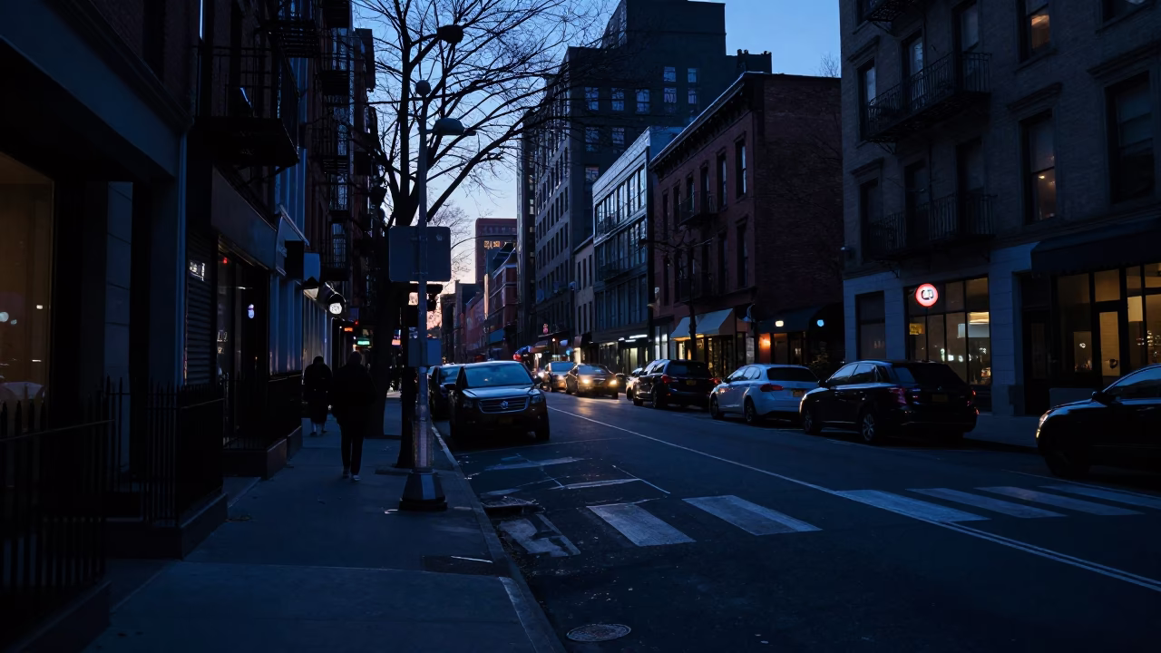 The Predawn Darkness Light on Street Scene in New York in in New York, New York, United States