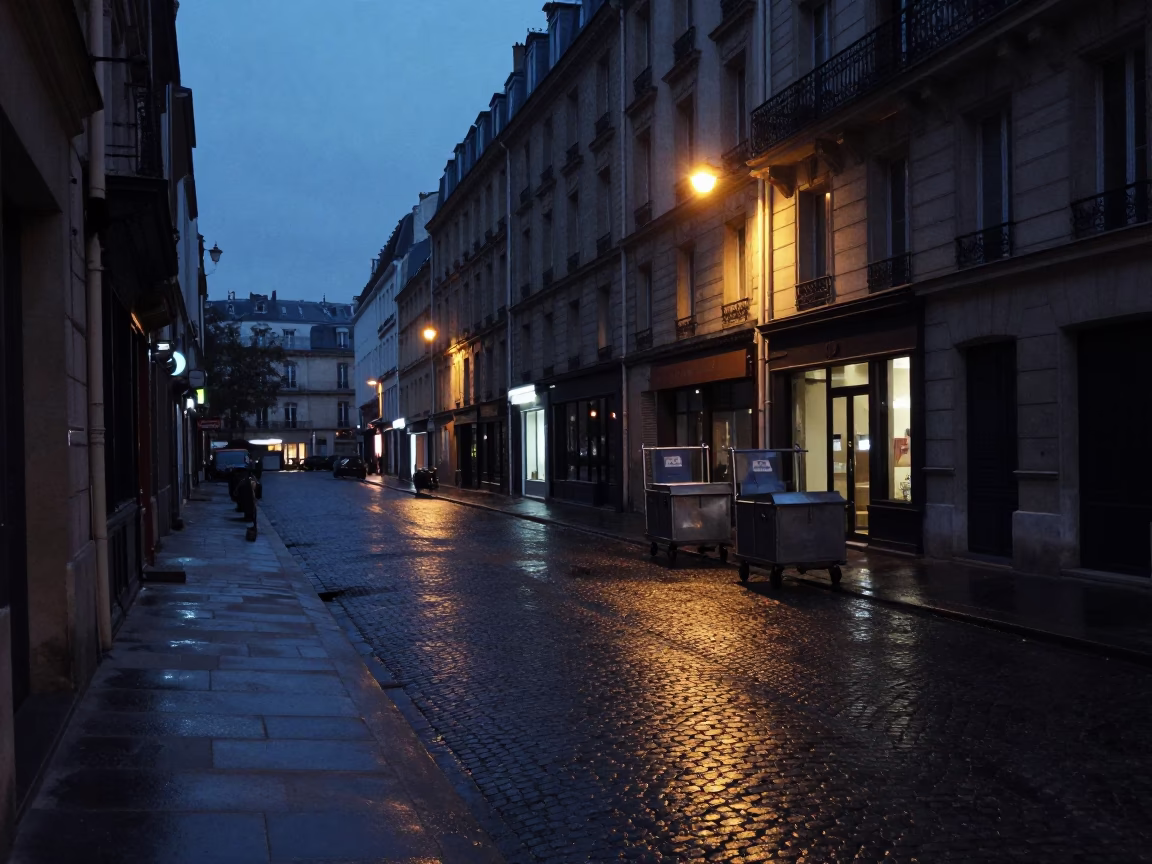 The Predawn Darkness Light on Street Scene in Paris in in Paris, France