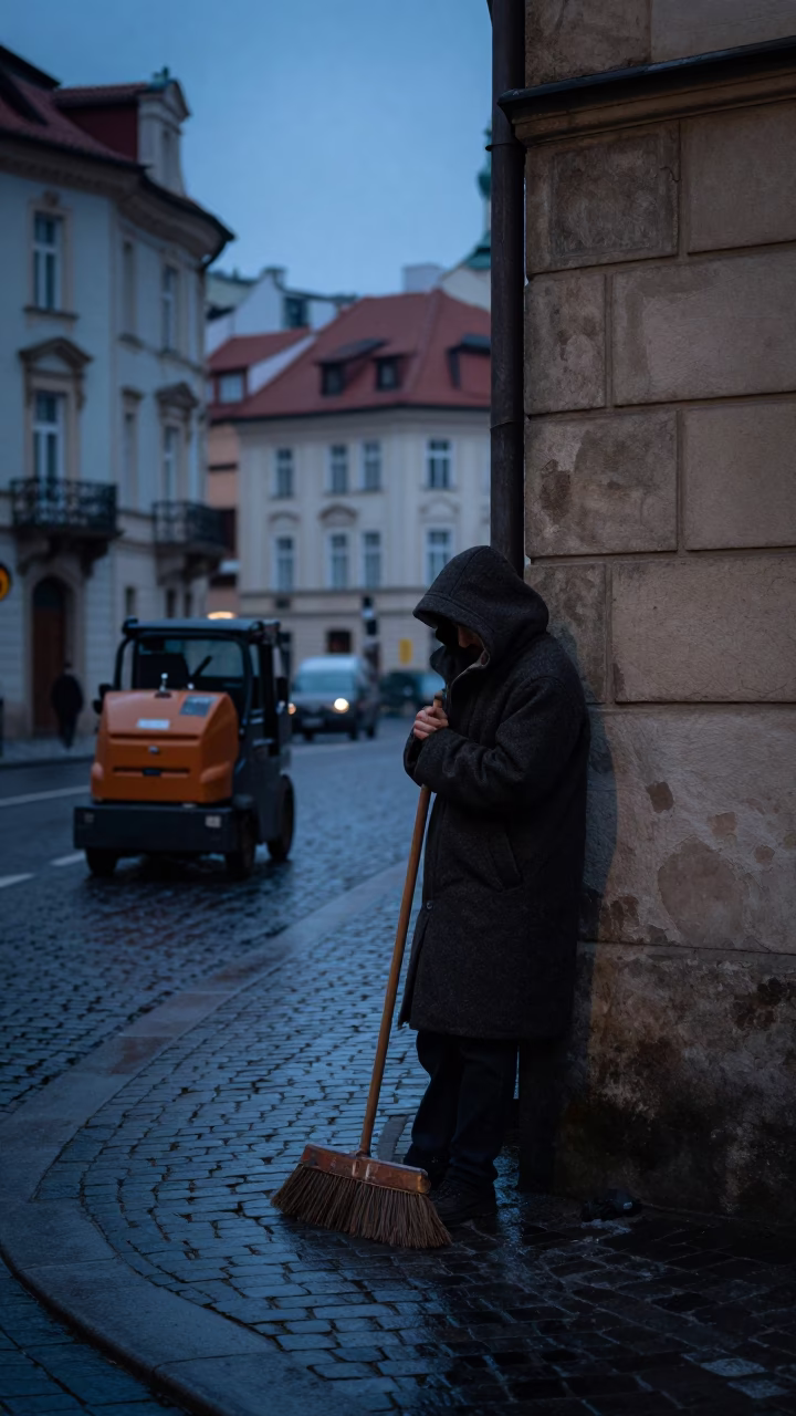The Predawn Darkness Light on Street Scene in Prague in in Prague, Czech Republic