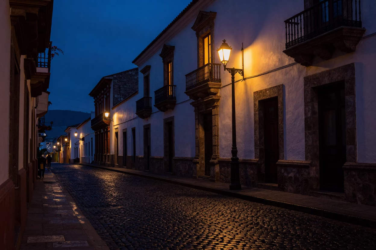 The Predawn Darkness Light on Street Scene in Quito in in Quito, Ecuador