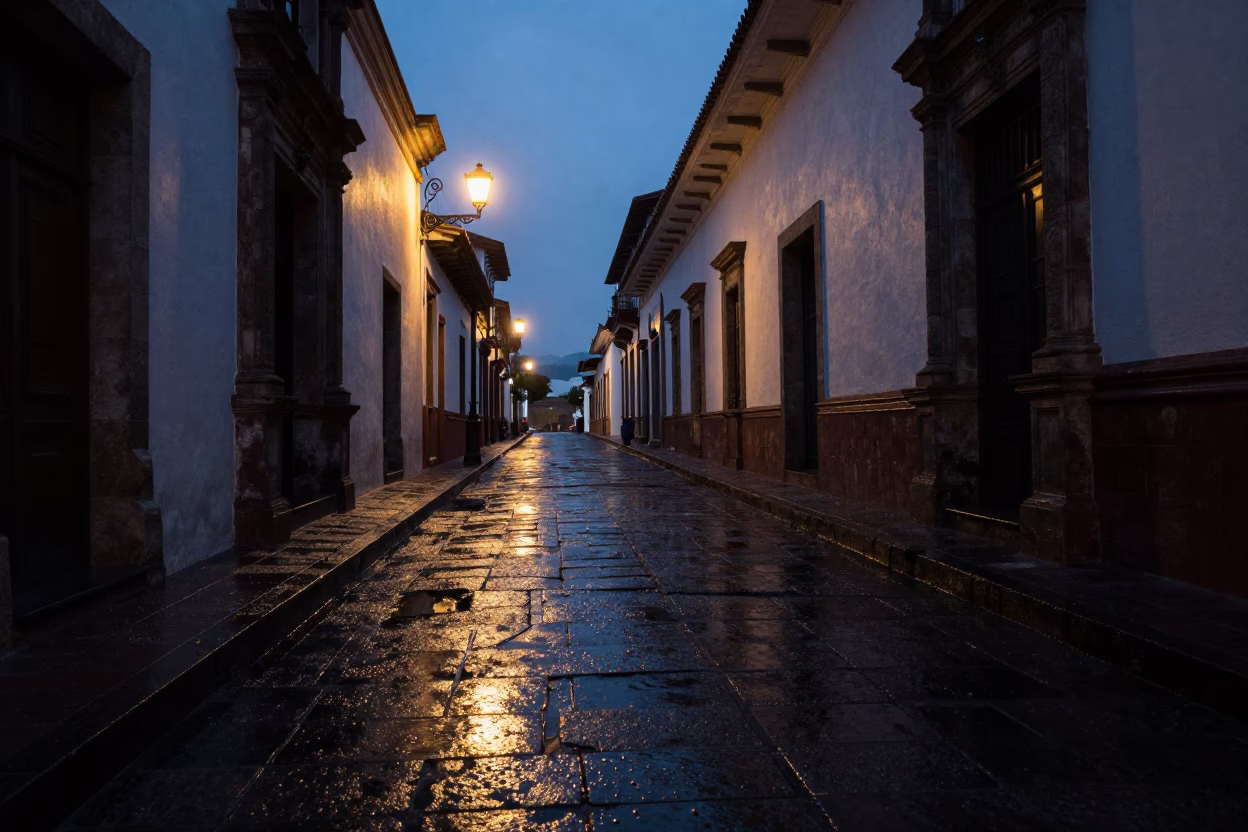 The Predawn Darkness Light on Street Scene in Quito in in Quito, Ecuador
