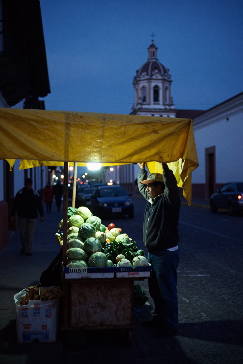 The Predawn Darkness Light on Street Scene in Quito in in Quito, Ecuador