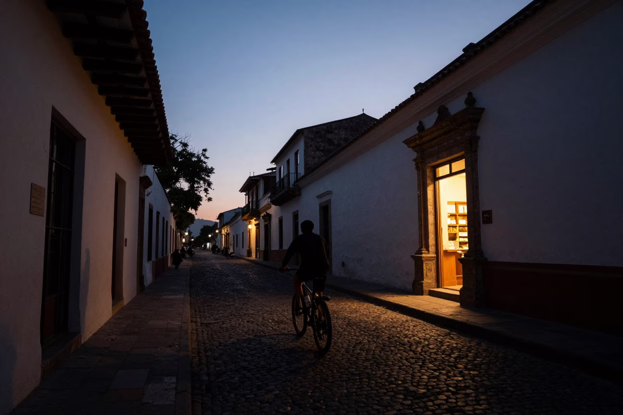 The Predawn Darkness Light on Street Scene in Quito in in Quito, Ecuador