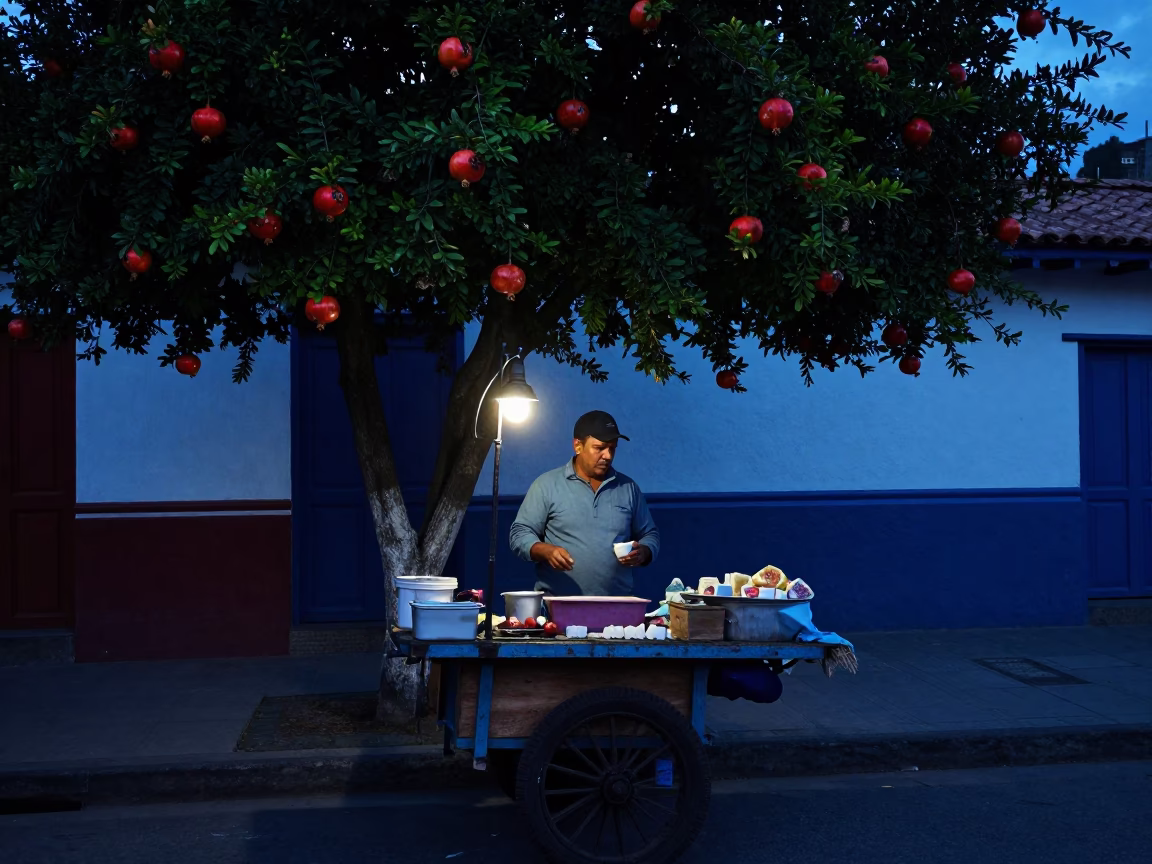 The Predawn Darkness Light on Street Vendor in Medellin in in Medellin, Colombia
