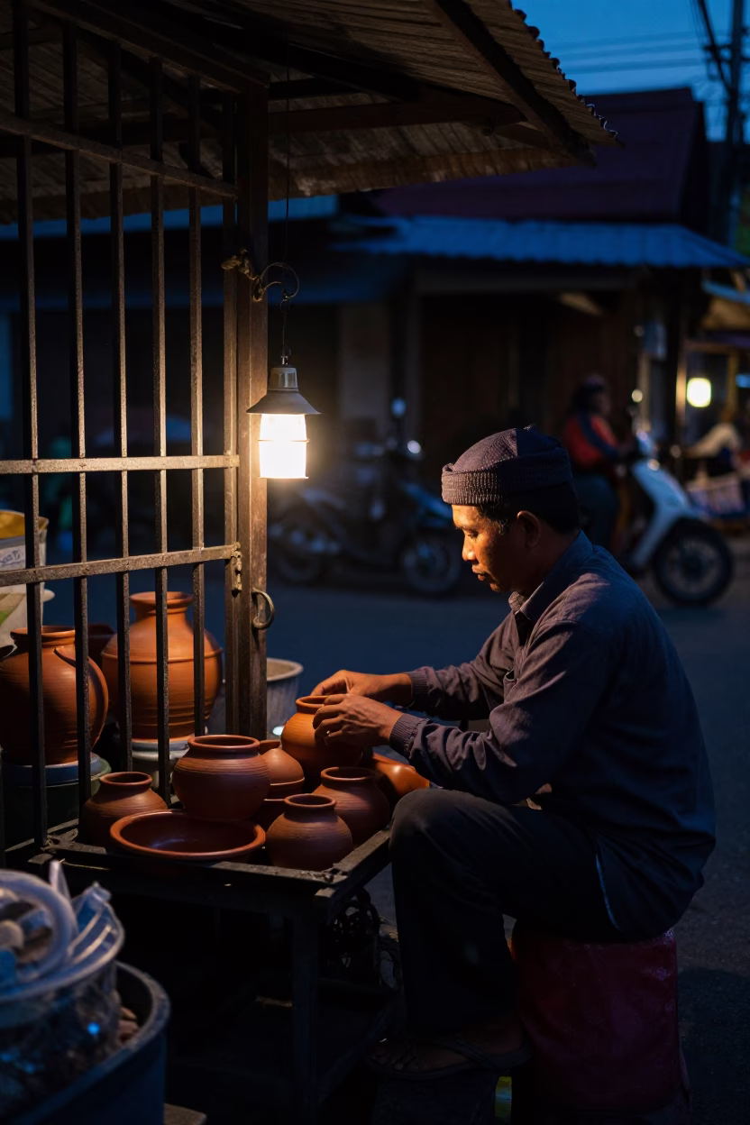 The Predawn Darkness Light on Street Vendor in Yogyakarta in in Yogyakarta, Indonesia
