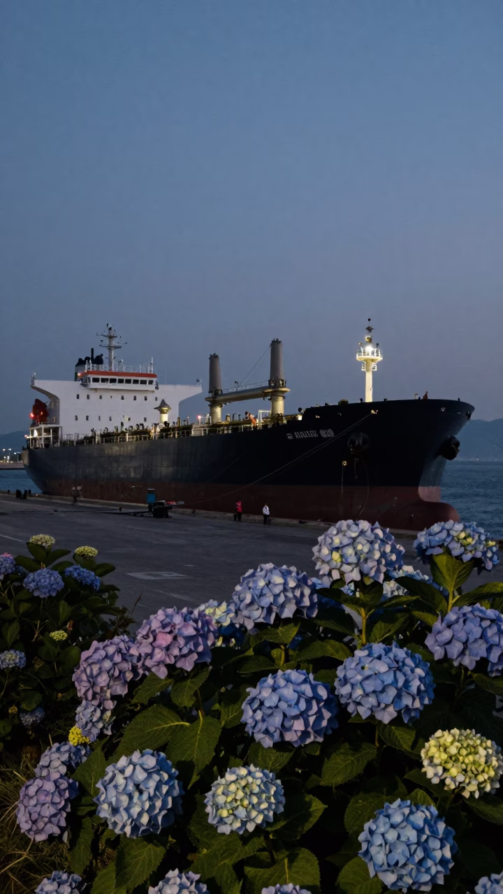 The Predawn Darkness Light on Tanker Ship in Izmir in in Izmir, Turkey