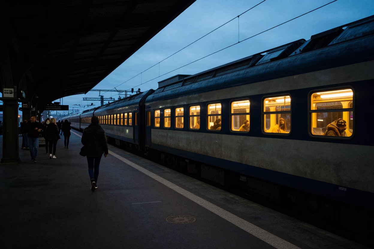 The Predawn Darkness Light on Train Platform in Prague in in Prague, Czech Republic