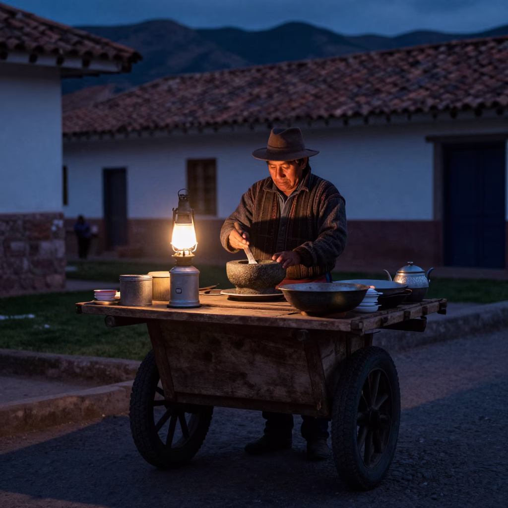 The Predawn Darkness Light on Vendor Cooking in Cusco in in Cusco, Peru