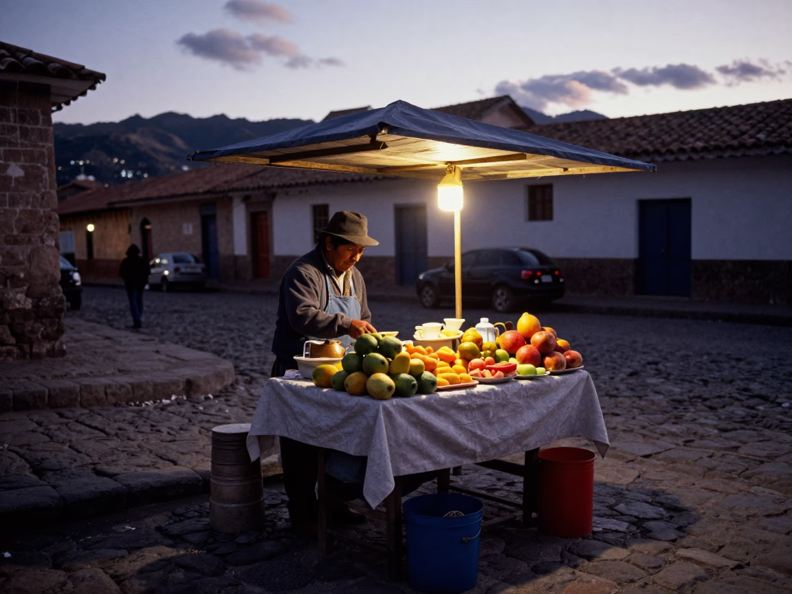 The Still Hours Before Dawn Light on Breakfast Stall in Cusco in in Cusco, Peru