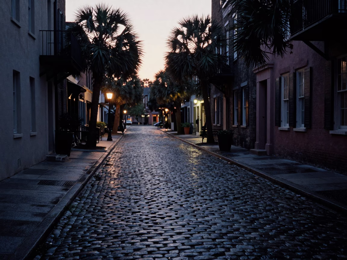 The Still Hours Before Dawn Light on Cobblestone Street in Charleston in in Charleston, South Carolina, United States
