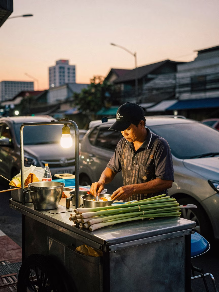 The Still Hours Before Dawn Light on Food Vendor in Bangkok in in Bangkok, Thailand