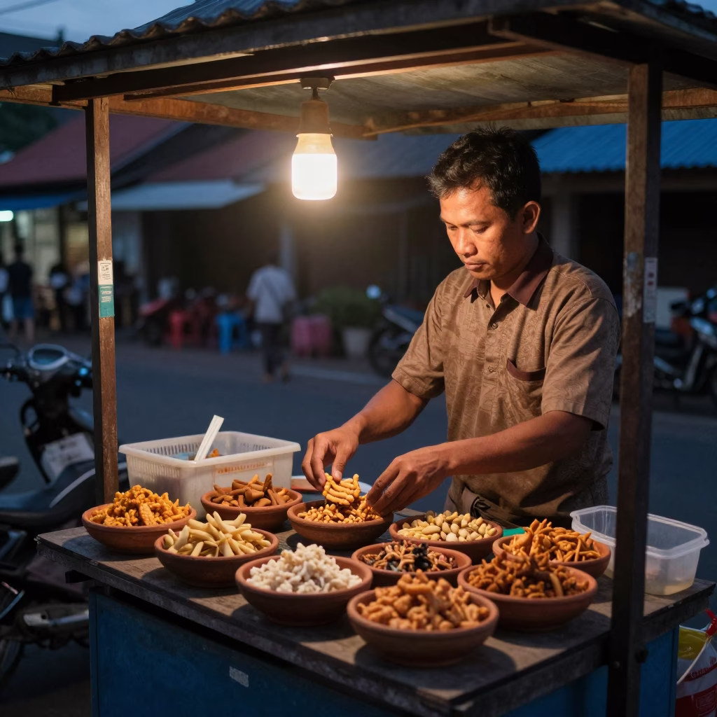 The Still Hours Before Dawn Light on Food Vendor in Denpasar in in Denpasar, Indonesia
