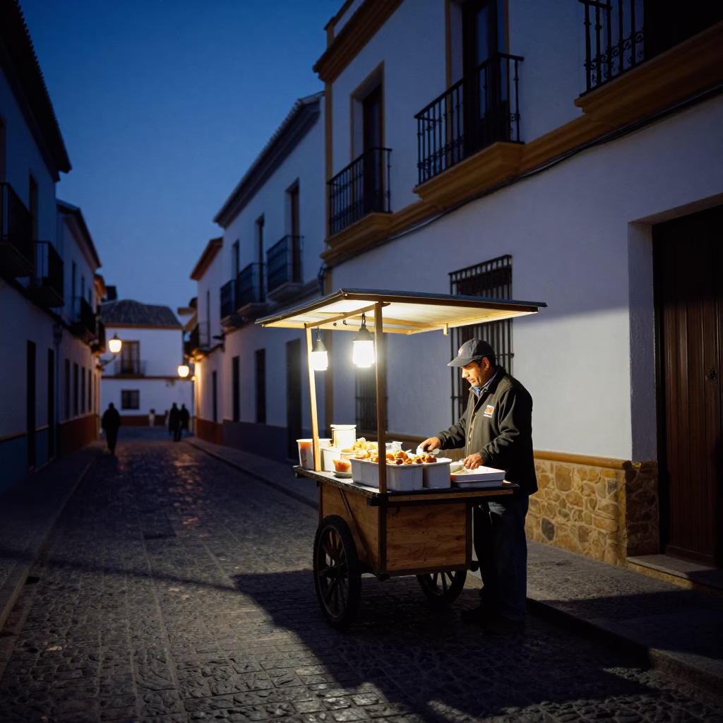 The Still Hours Before Dawn Light on Food Vendor in Granada in in Granada, Spain