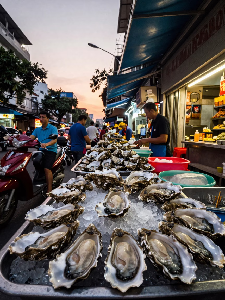The Still Hours Before Dawn Light on Fresh Oysters in Ho Chi Minh City in in Ho Chi Minh City, Vietnam