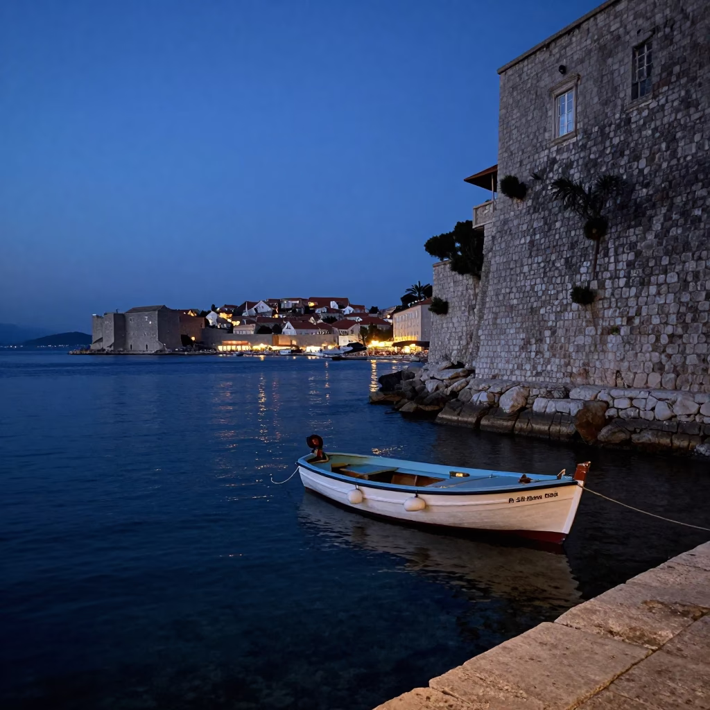 The Still Hours Before Dawn Light on Harbor Scene in Dubrovnik in in Dubrovnik, Croatia