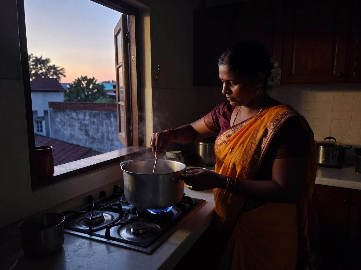 The Still Hours Before Dawn Light on Kitchen Scene in Chennai in in Chennai, India