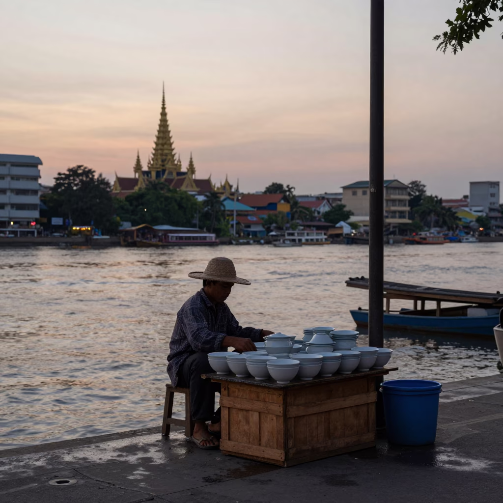 The Still Hours Before Dawn Light on Market Vendor in Phnom Penh in in Phnom Penh, Cambodia