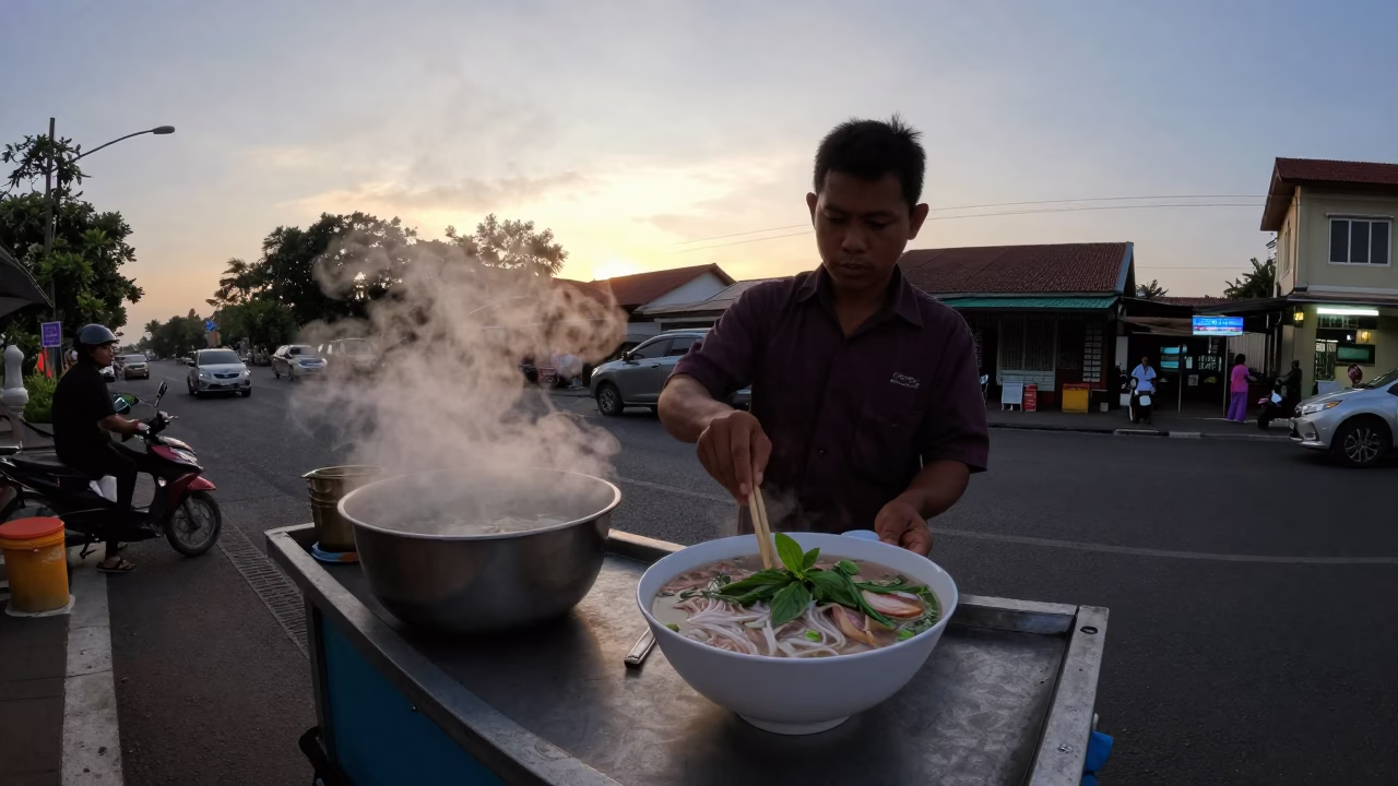 The Still Hours Before Dawn Light on Pho Tai in Surabaya in in Surabaya, Indonesia