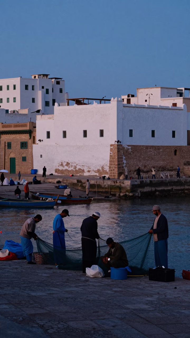 The Still Hours Before Dawn Light on Preparing Nets in Essaouira in in Essaouira, Morocco
