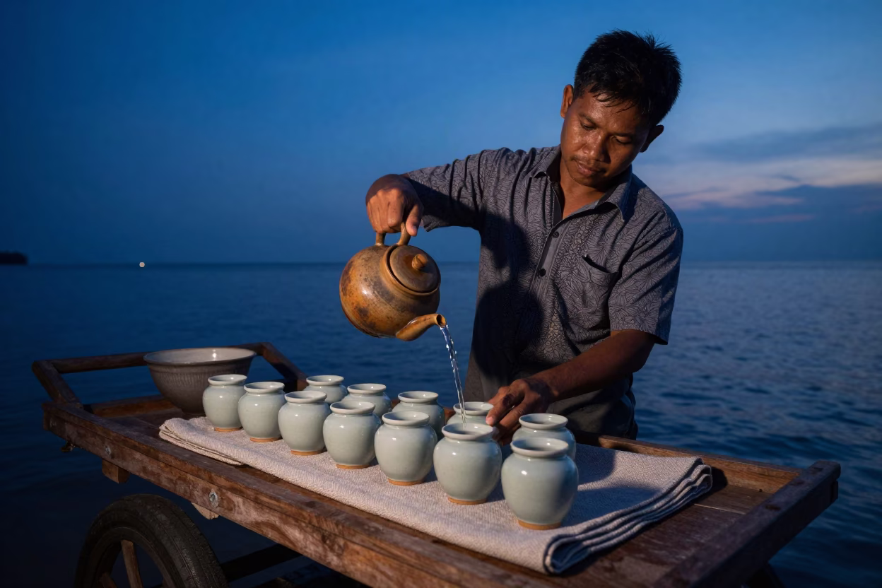 The Still Hours Before Dawn Light on Preparing Tea in Phuket in in Phuket, Thailand