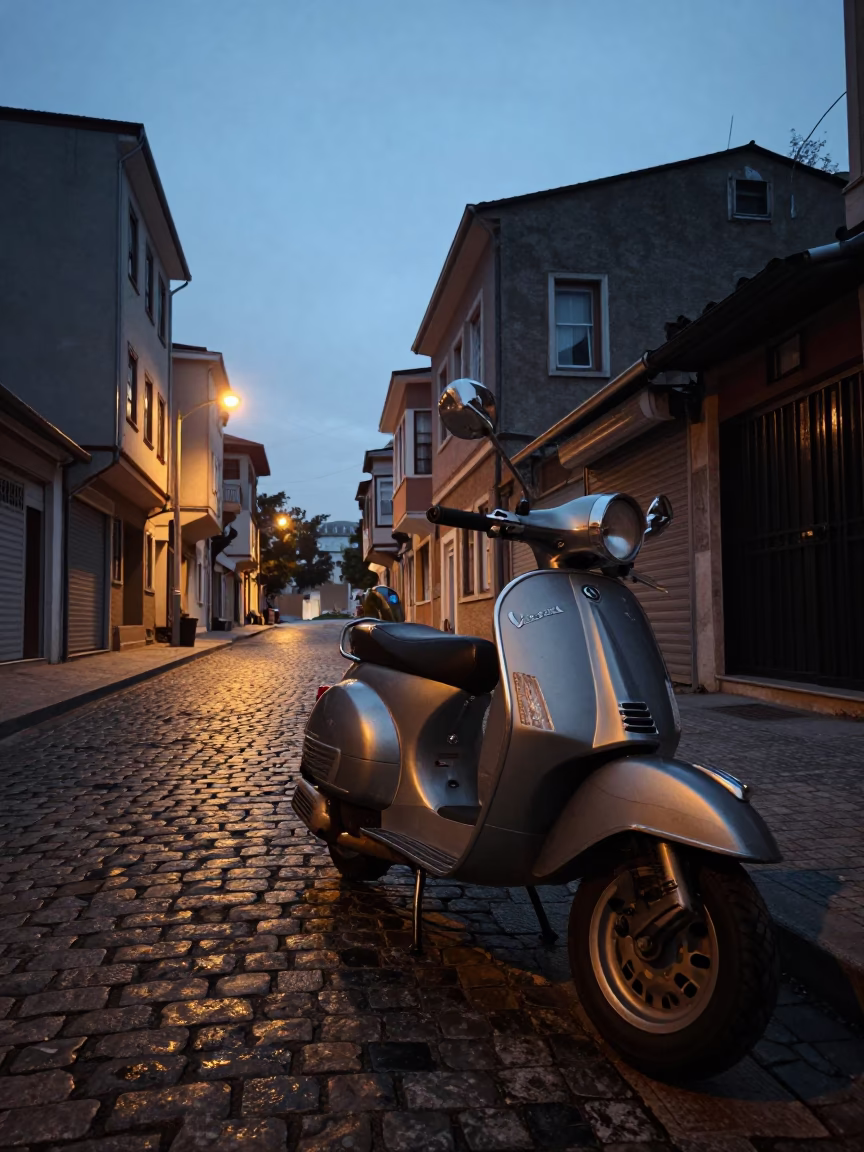 The Still Hours Before Dawn Light on Scooter Parked in Istanbul in in Istanbul, Turkey