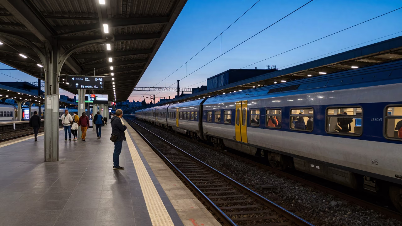 The Still Hours Before Dawn Light on Station Platform in Bilbao in in Bilbao, Spain