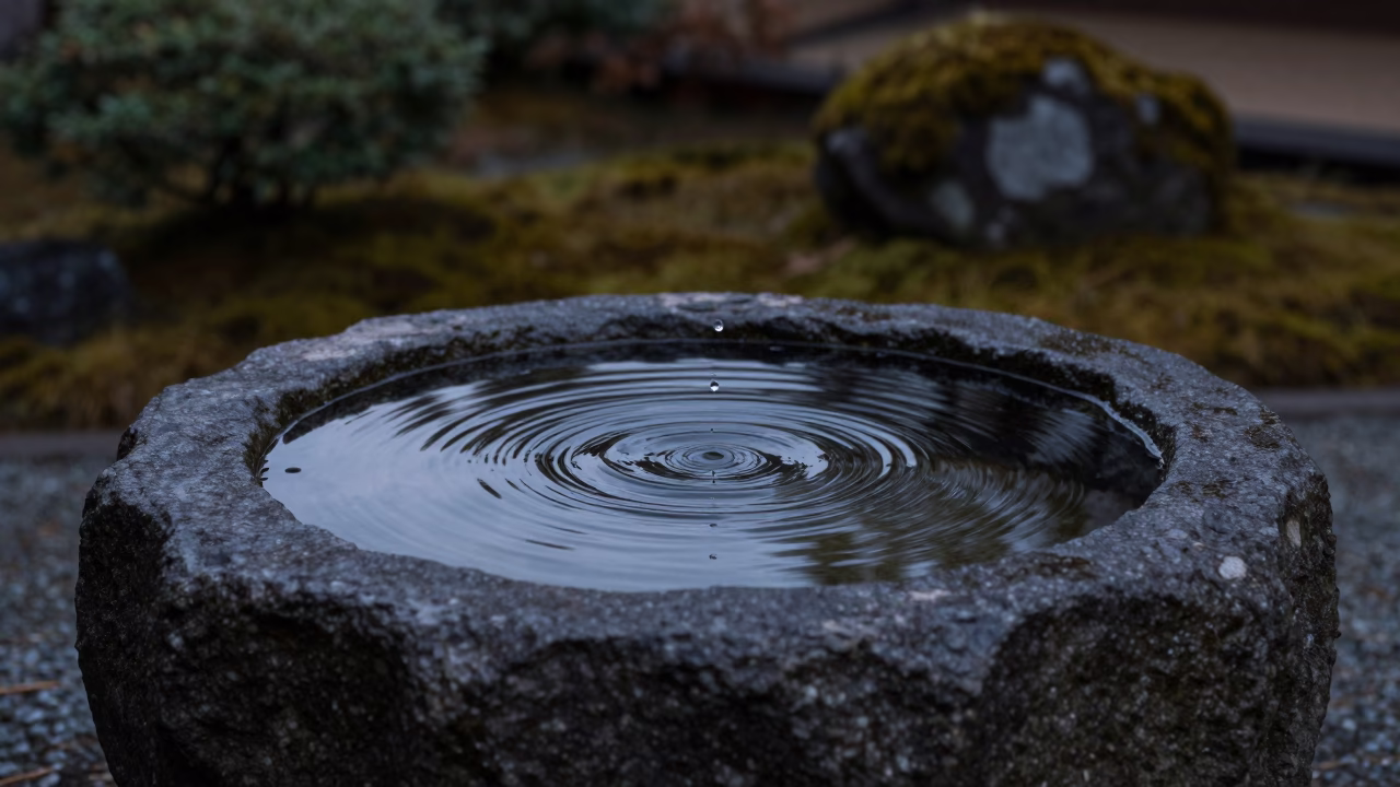 The Still Hours Before Dawn Light on Stone Basin in Kyoto in in Kyoto, Japan
