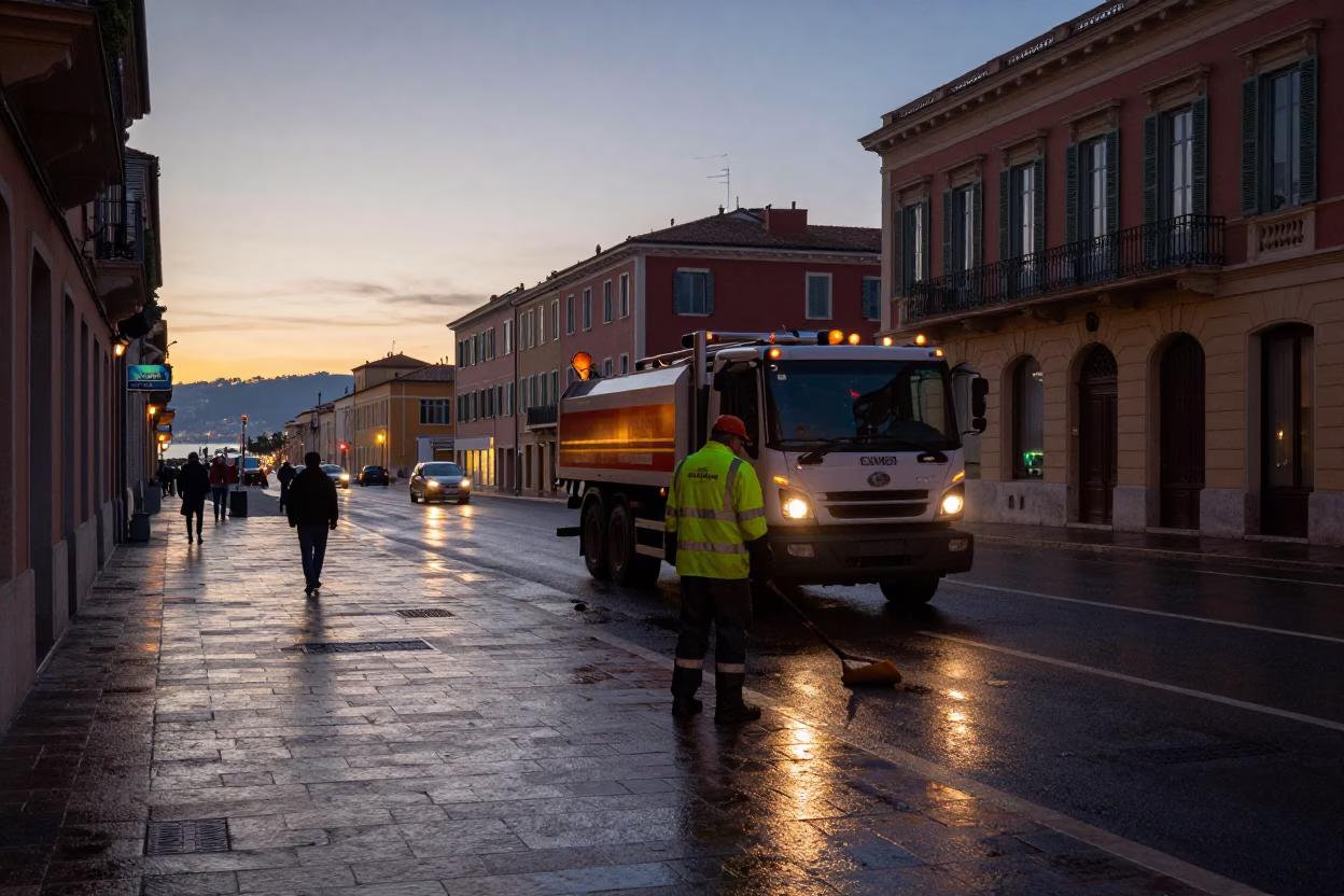 The Still Hours Before Dawn Light on Street Cleaning in Nice in in Nice, France