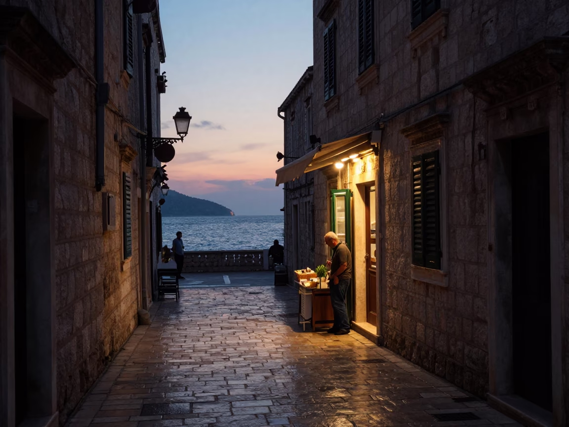 The Still Hours Before Dawn Light on Street Scene in Dubrovnik in in Dubrovnik, Croatia