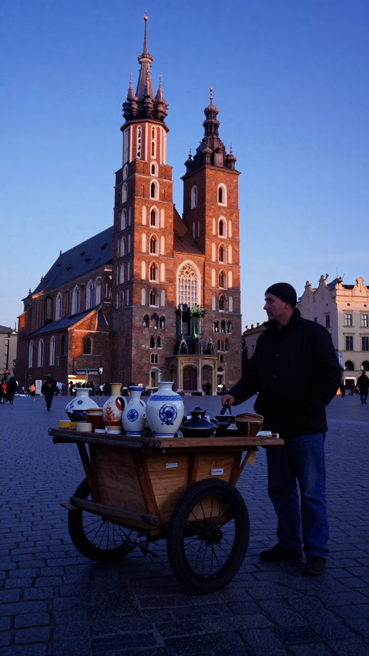 The Still Hours Before Dawn Light on Vendor Cart in Krakow in in Krakow, Poland