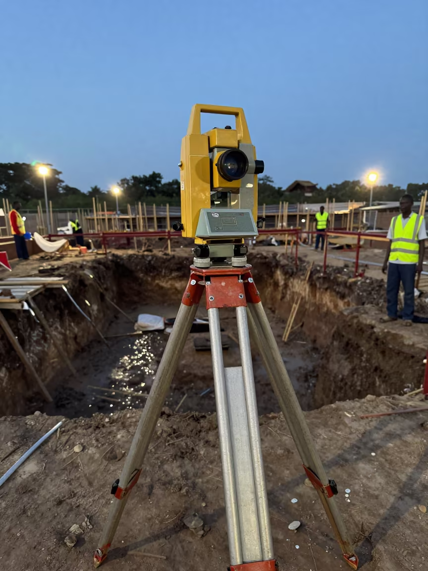 Theodolite Survey at Gambia Construction Site in inside a taped-off excavation edge in Gambia