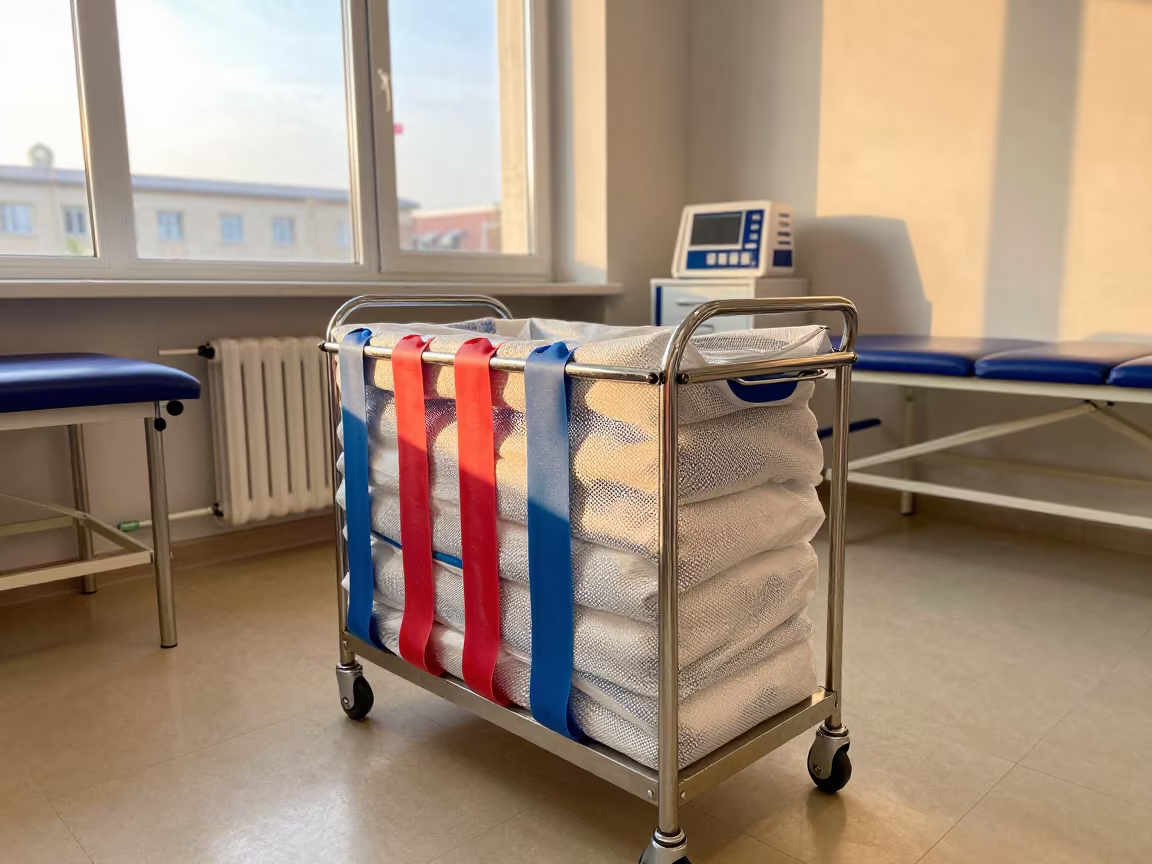 Theraband Bag in Kyiv Corridor at Sunset in along a therapy corridor with organized equipment near Kyiv