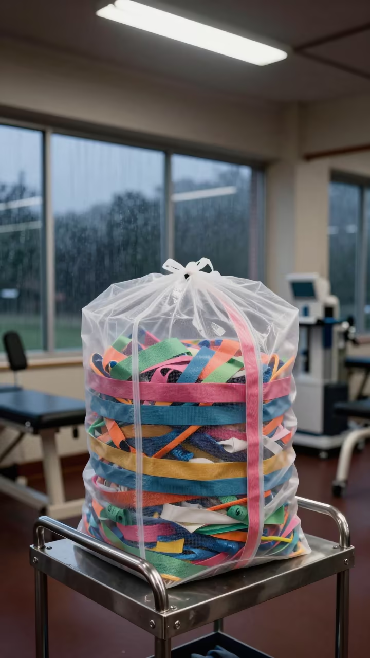 Theraband Bag Ready for Rehab Patients in inside a rehab gym prepared for the first patients near Barquisimeto