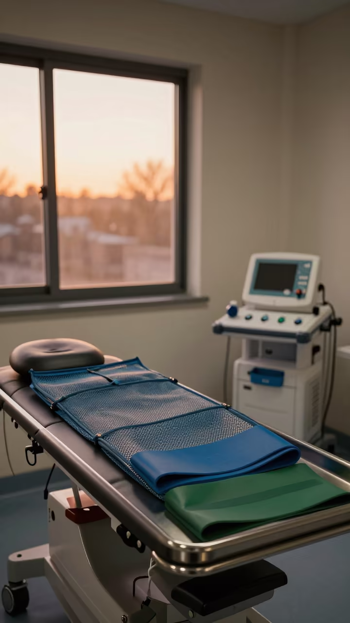 Theraband Mesh Bag in Copper Light Recovery Room in inside a recovery area with treatment stations aligned near Matamoros