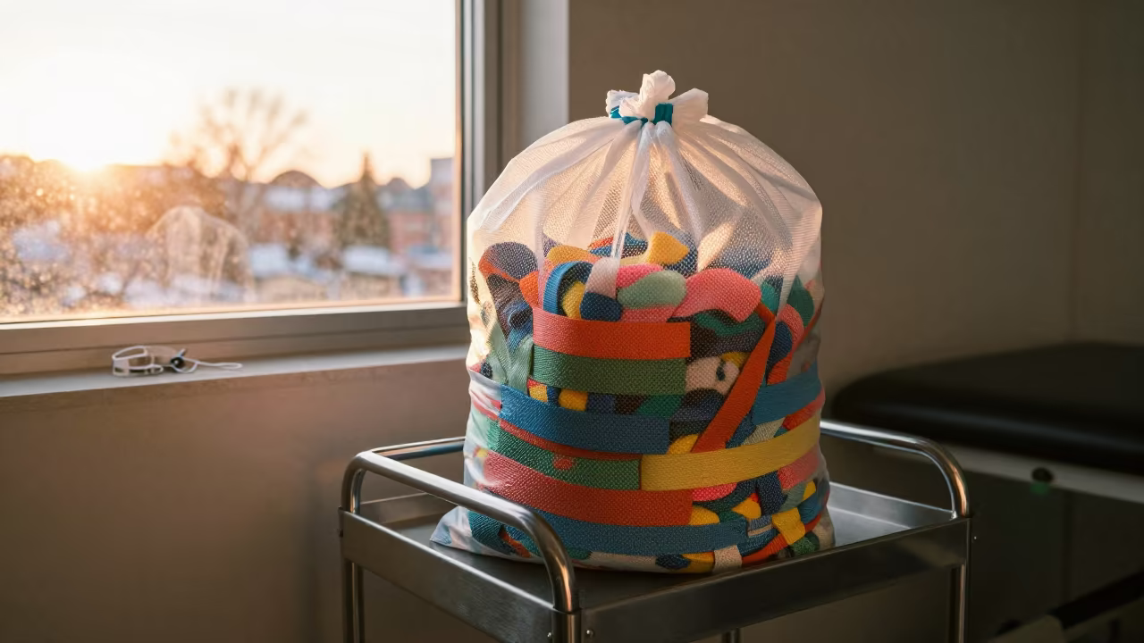 Theraband Mesh Bag in Toronto Rehab Room Sunset in inside a rehabilitation therapy room in Toronto