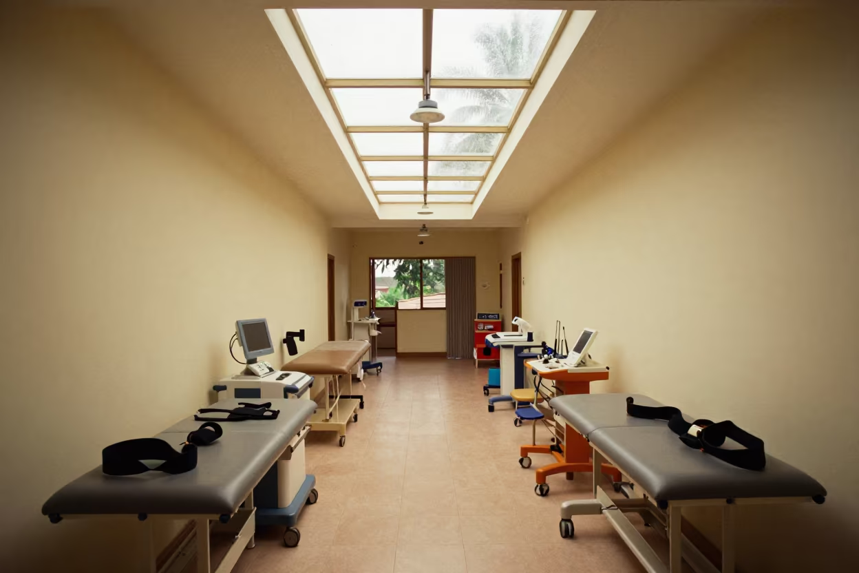 Therapy Gait Belt Drawer in Vang Vieng Clinic in along a therapy corridor with organized equipment near Vang Vieng