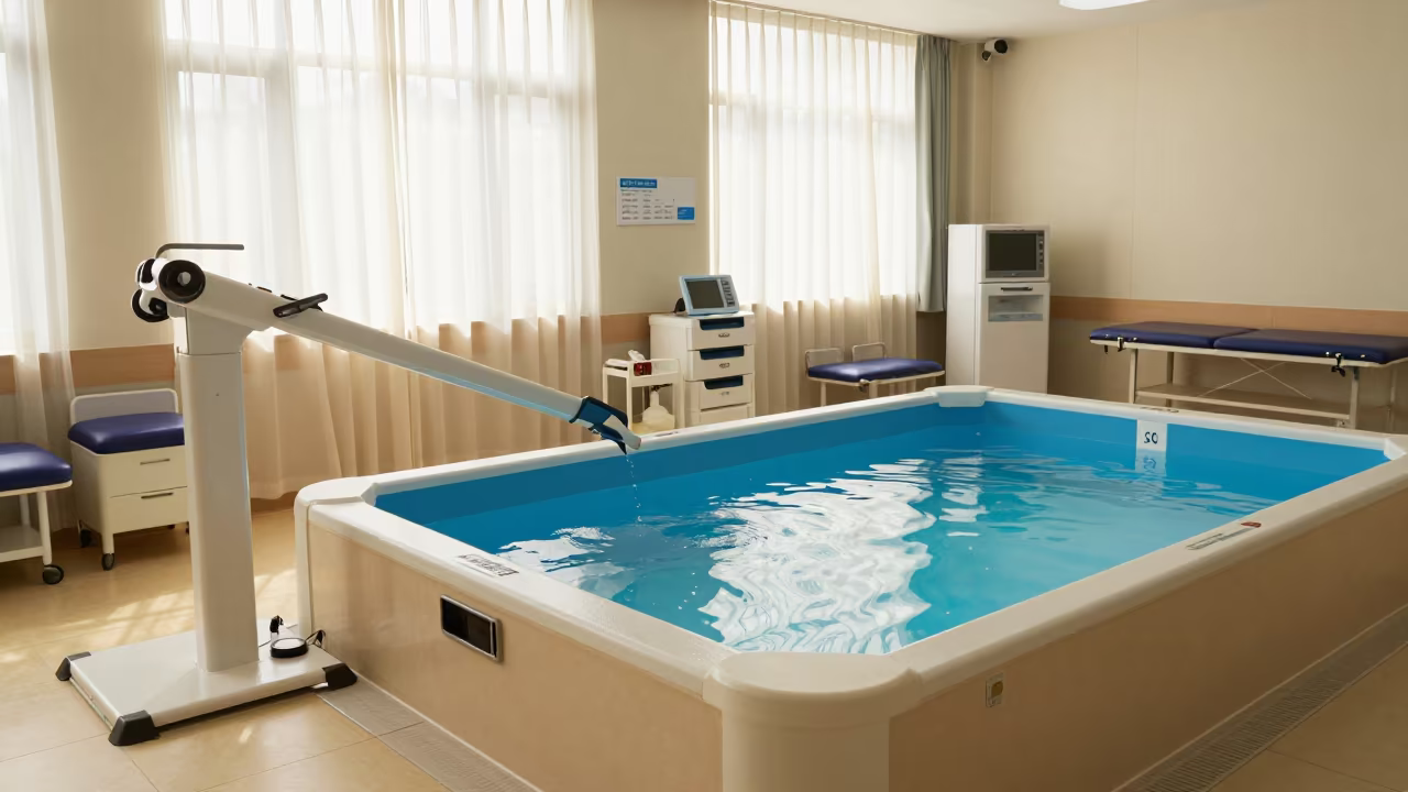 Therapy Pool Lift in Gwangju Rehabilitation Center in along a therapy corridor with organized equipment near Gwangju
