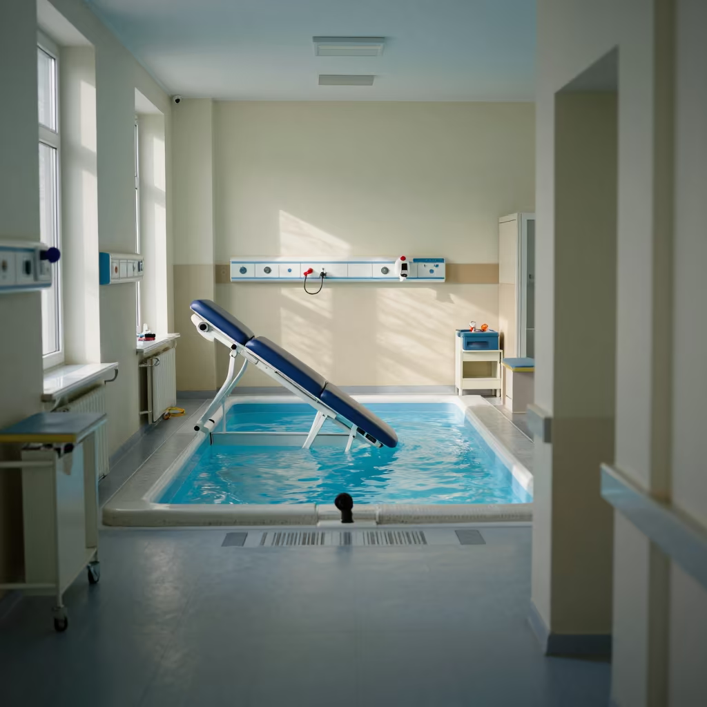 Therapy Pool Lift Morning Light Samara in along a therapy corridor with organized equipment near Samara