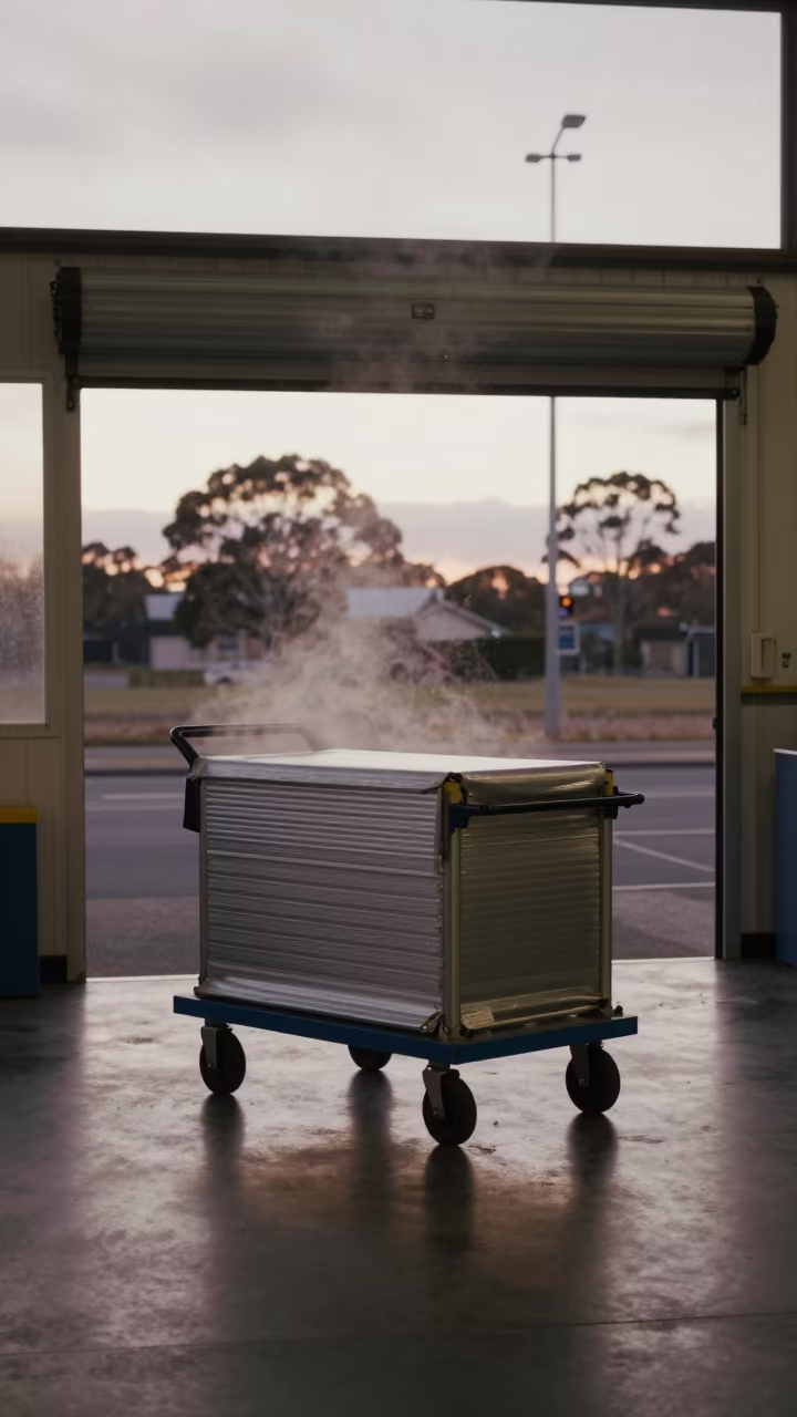 Thermal blanket cart in Adelaide dispatch office dawn in inside a dispatch office above the dock in Adelaide