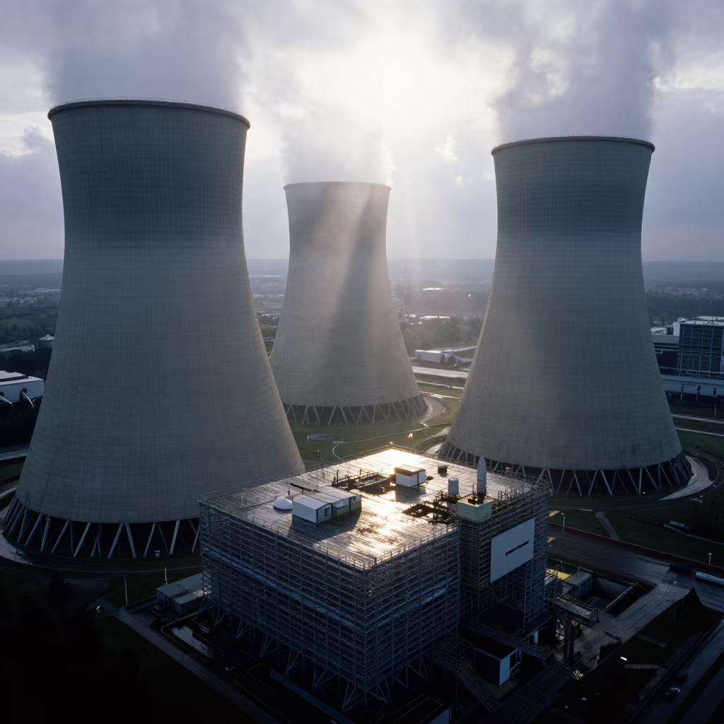 Thermal Power Plant Cooling Towers Monsoon Light in on a scaffold platform near Białystok